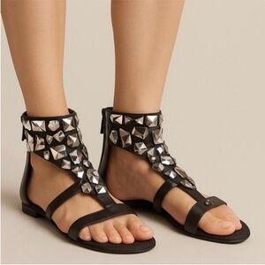 Jean-Michel Cazabat Black Leather Gladiator Sandals with Mirrored Stones - 38.5